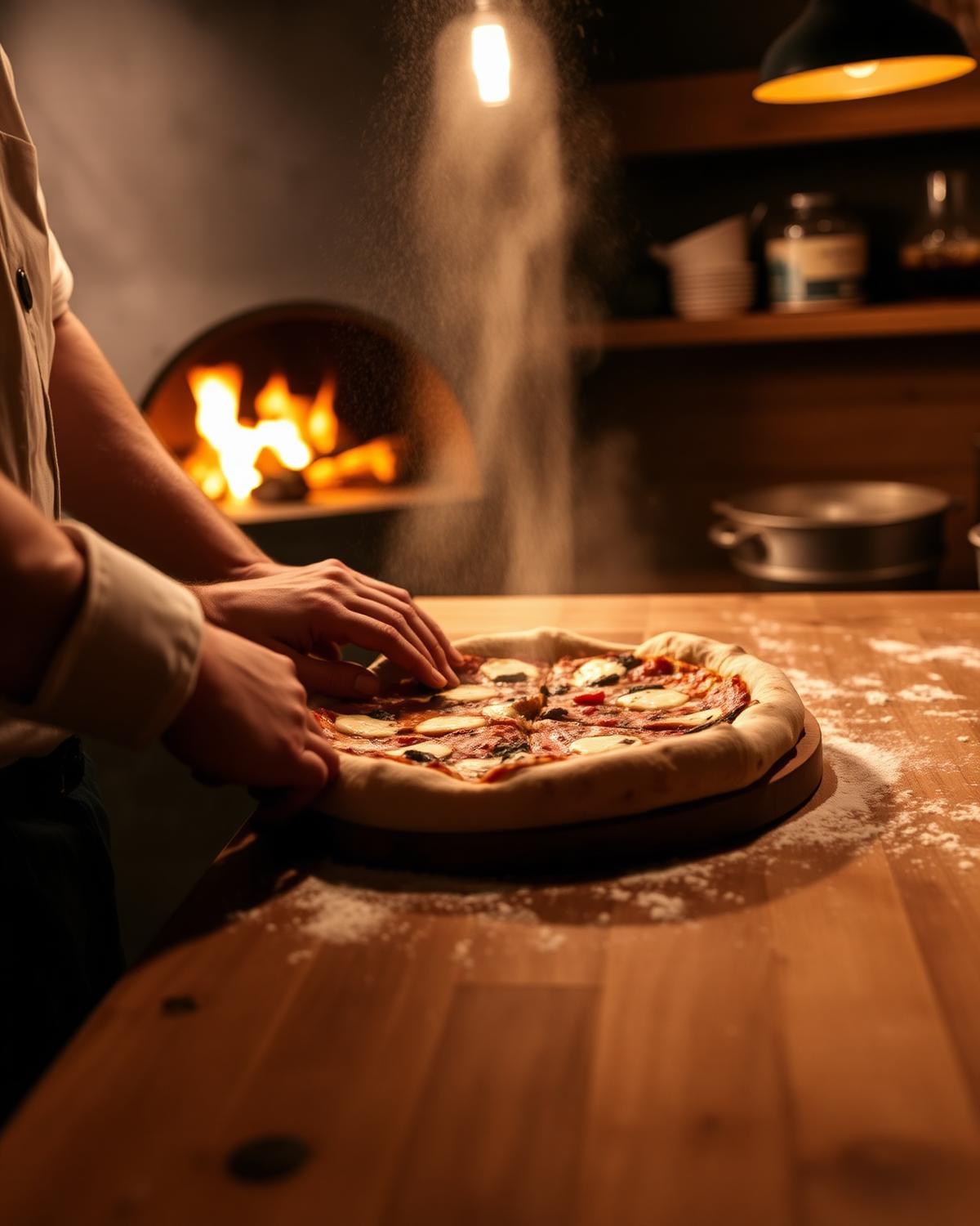 Laurent, pizzaiolo, prépare une pizza devant le four à bois